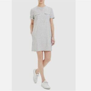 Theory Stretch Linen Shift Dress $275 Size 12 Light Gray Mini Shirt Dress Pocket